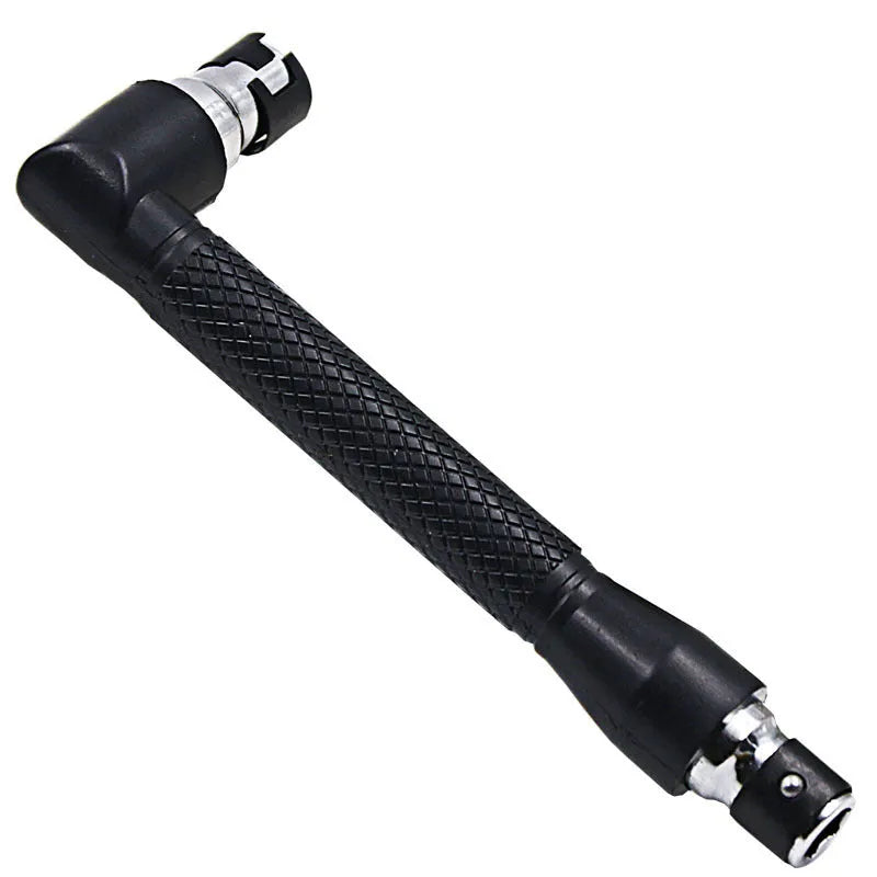 L-shaped socket wrench handle with ten different screwdriver bits arranged alongside