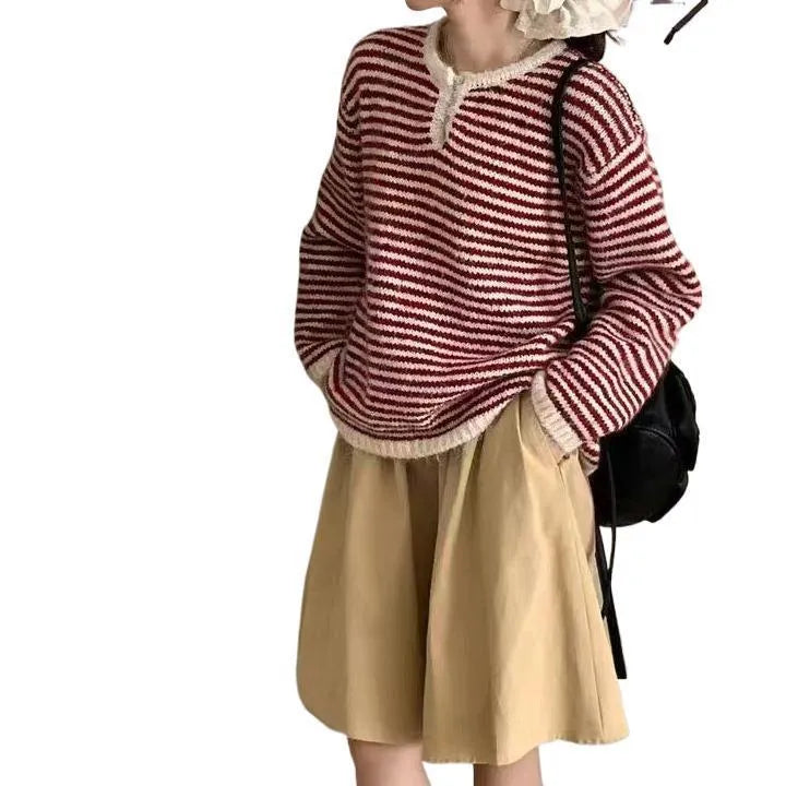 Women's blue striped cashmere pullover sweater with retro styling and long sleeves