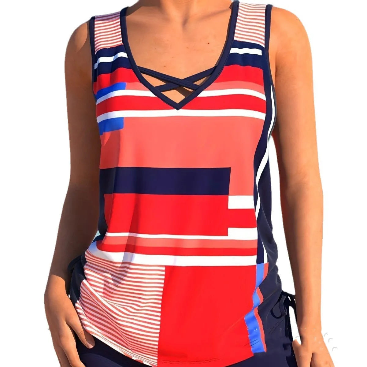 Women's printed split boxer swimsuit bikini set in various colours.