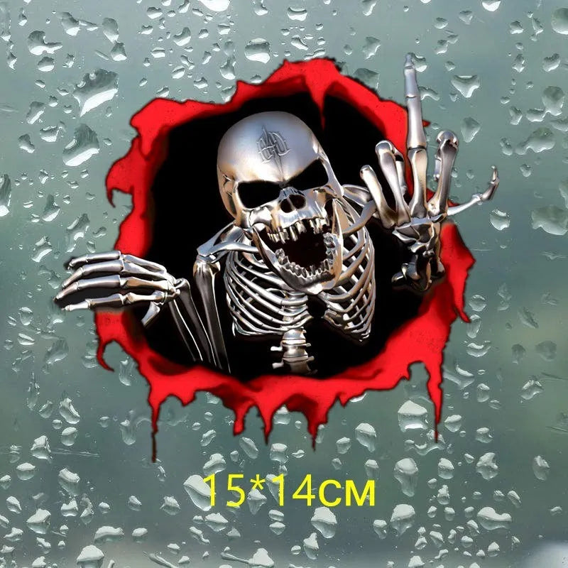 Close-up of a colourful reflective metal skull car sticker with a broken shell pattern, measuring 15cm by 14cm.