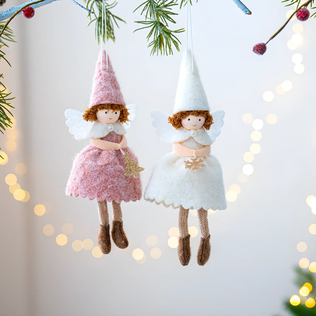 White and pink cloth angel skirt Christmas tree hanging ornament with plush pendant