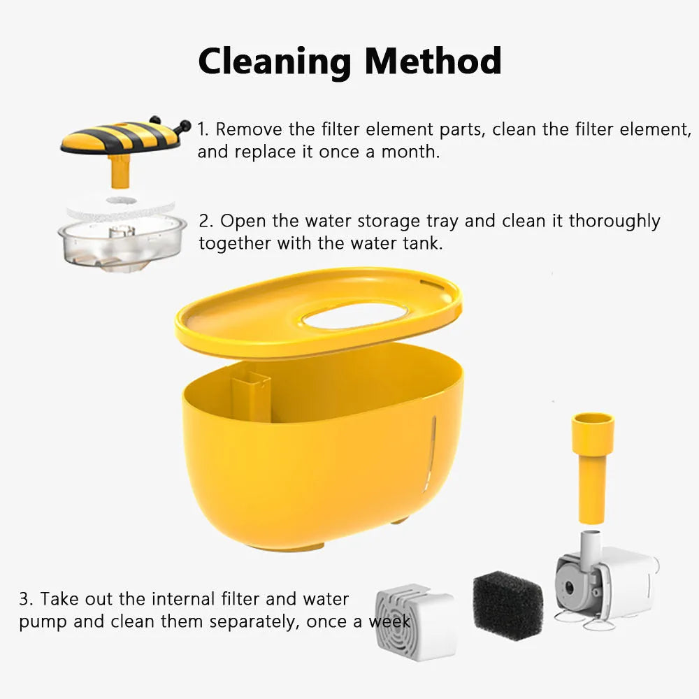 Yellow cat water fountain with filtration system, water level window, and USB pump