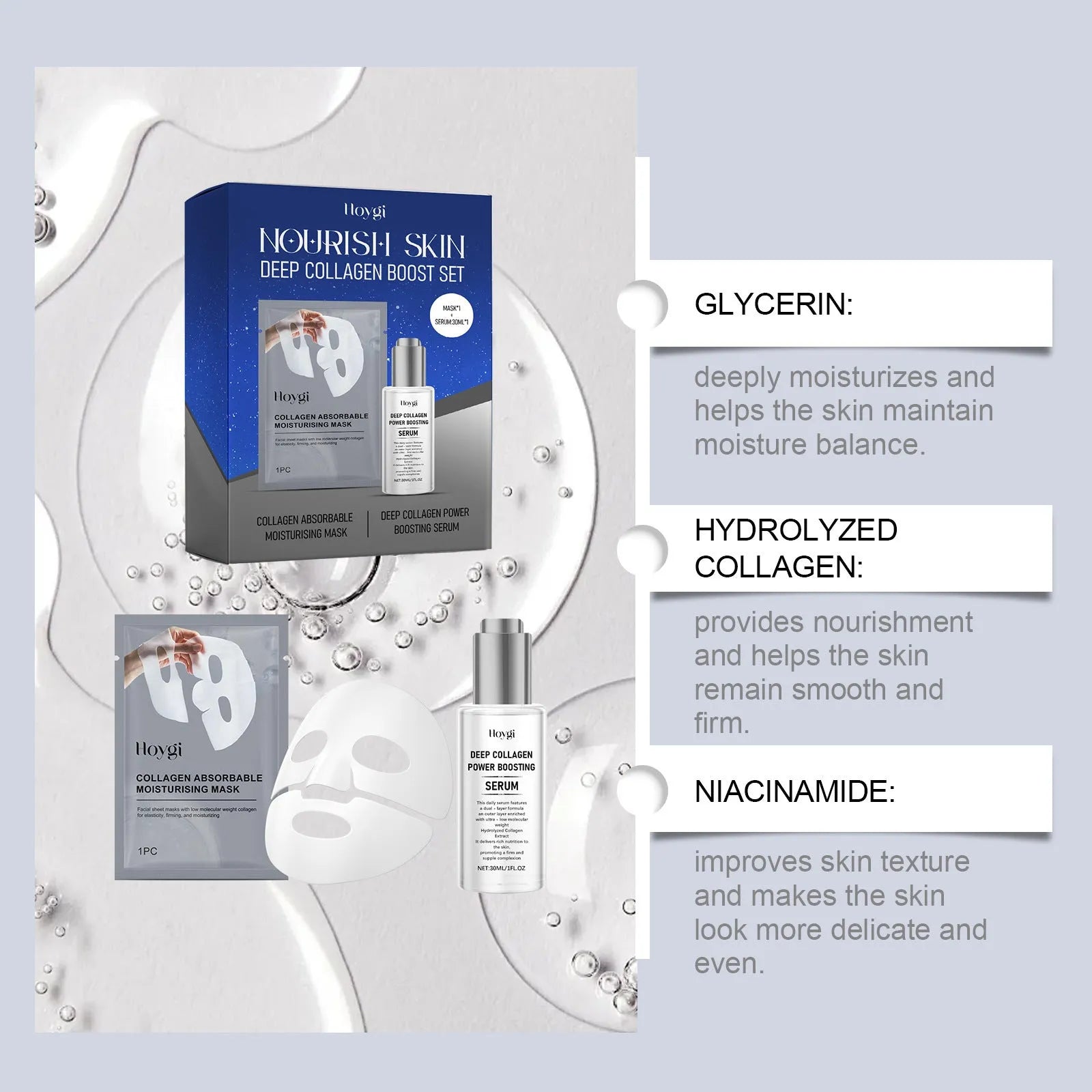 Collagen moisturising suit with facial mask and 30ml essence container for skin hydration