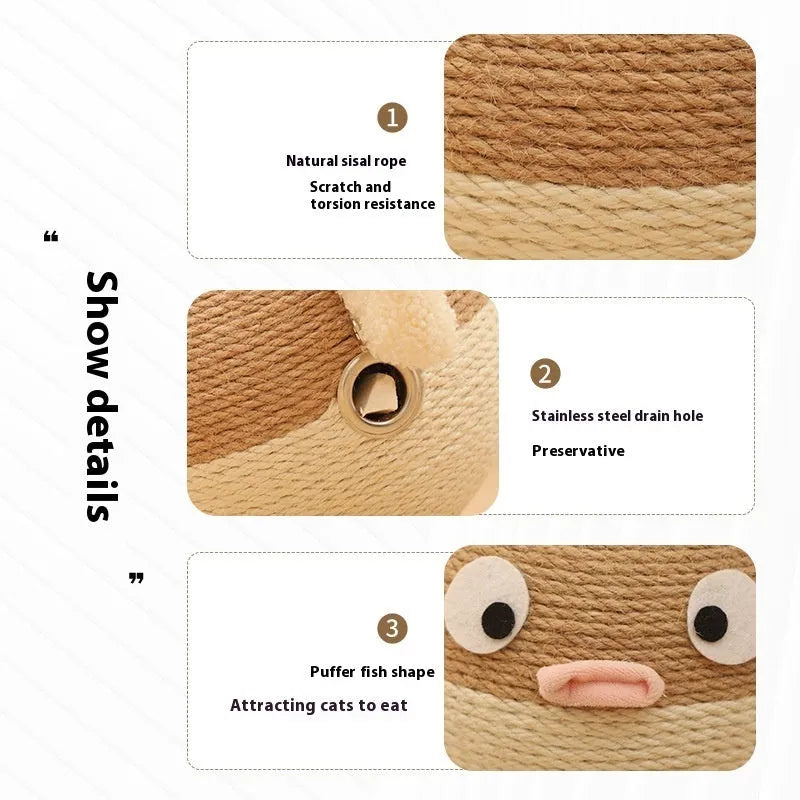 Sisal hemp pet puzzle toy cube with puffer fish design for slow feeding dogs and cats