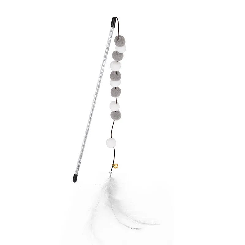 Colourful cat teaser toy rod with bell, feathers and pompons on 31cm stick