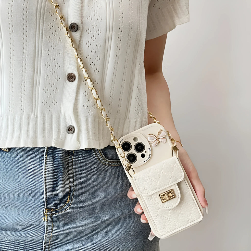 Butterfly card bag silicone phone case in black for iPhone showing card slot and drop-resistant design