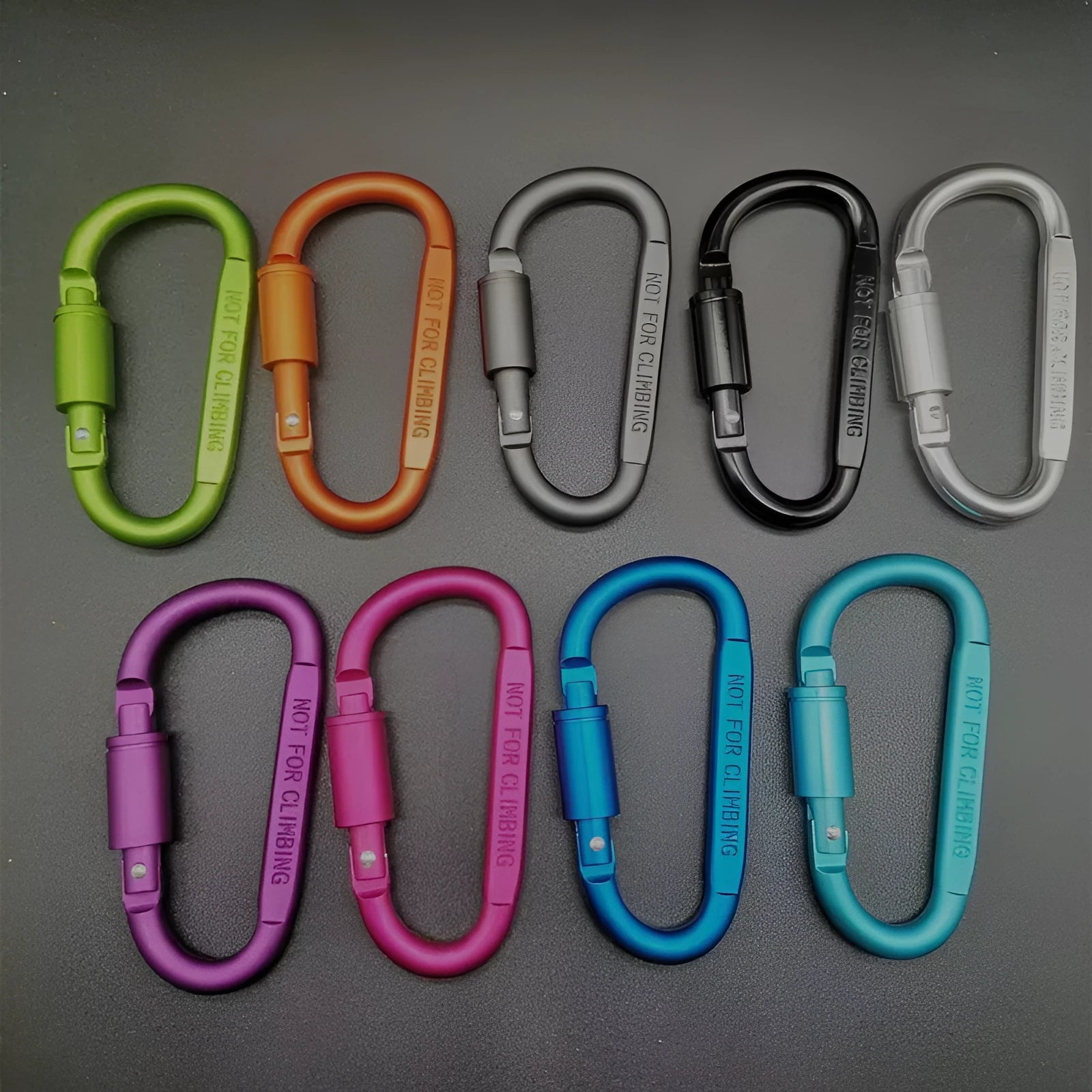 D-type aluminium carabiner with lock measuring 8cm in multiple colour options