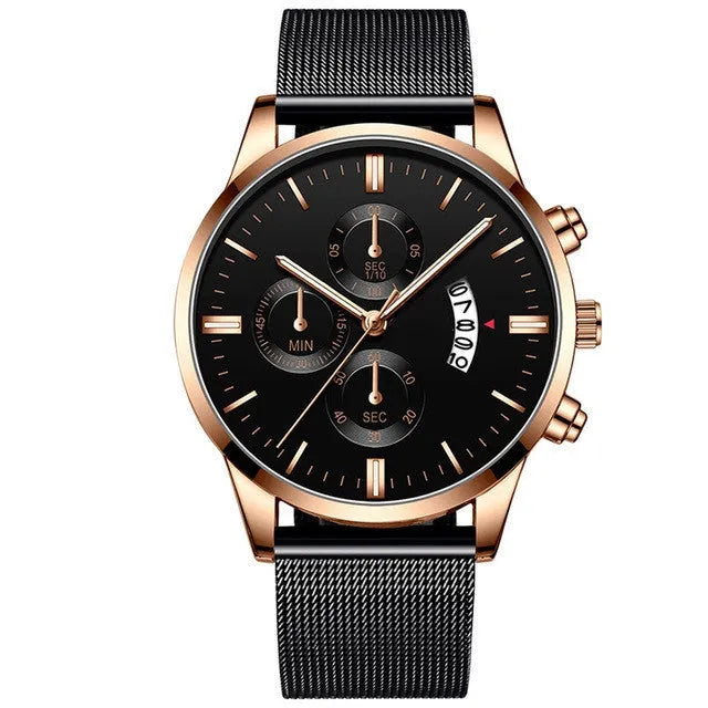 Men's stainless steel quartz watch with mesh band and two-tone case on wrist
