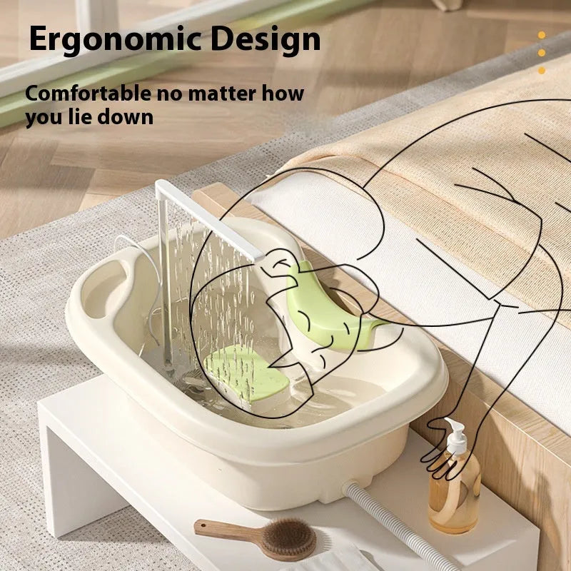 Light pink and beige plastic shampoo basin sets for bed use, showing adjustable neck pillow, water pump, and massage brush.