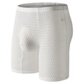 Men's solid colour lace boxer briefs for hip lifting and shaping, shown in light purple.