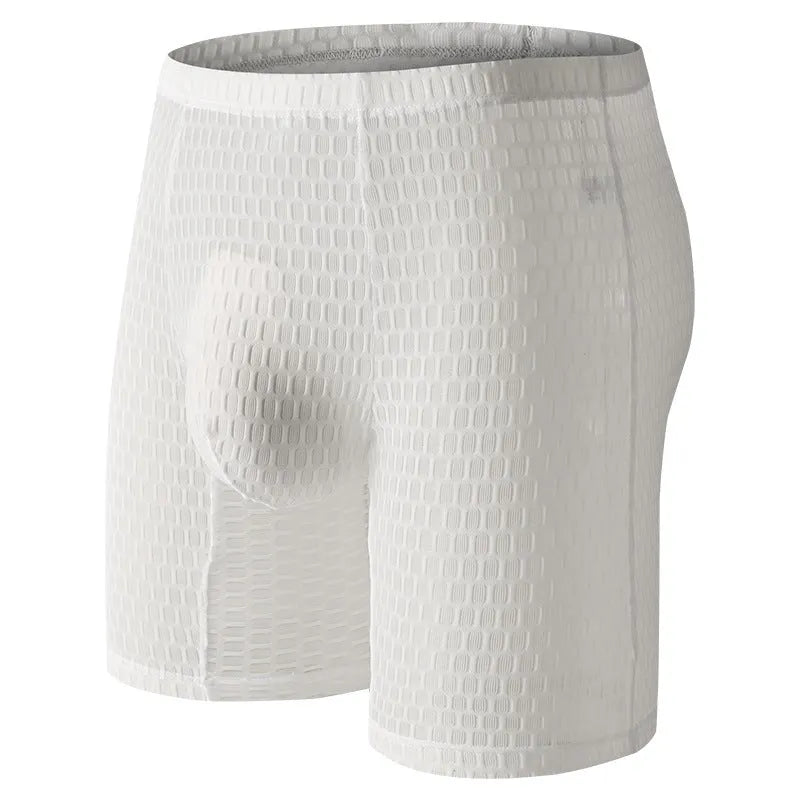 Men's solid colour lace boxer briefs for hip lifting and shaping, shown in light purple.