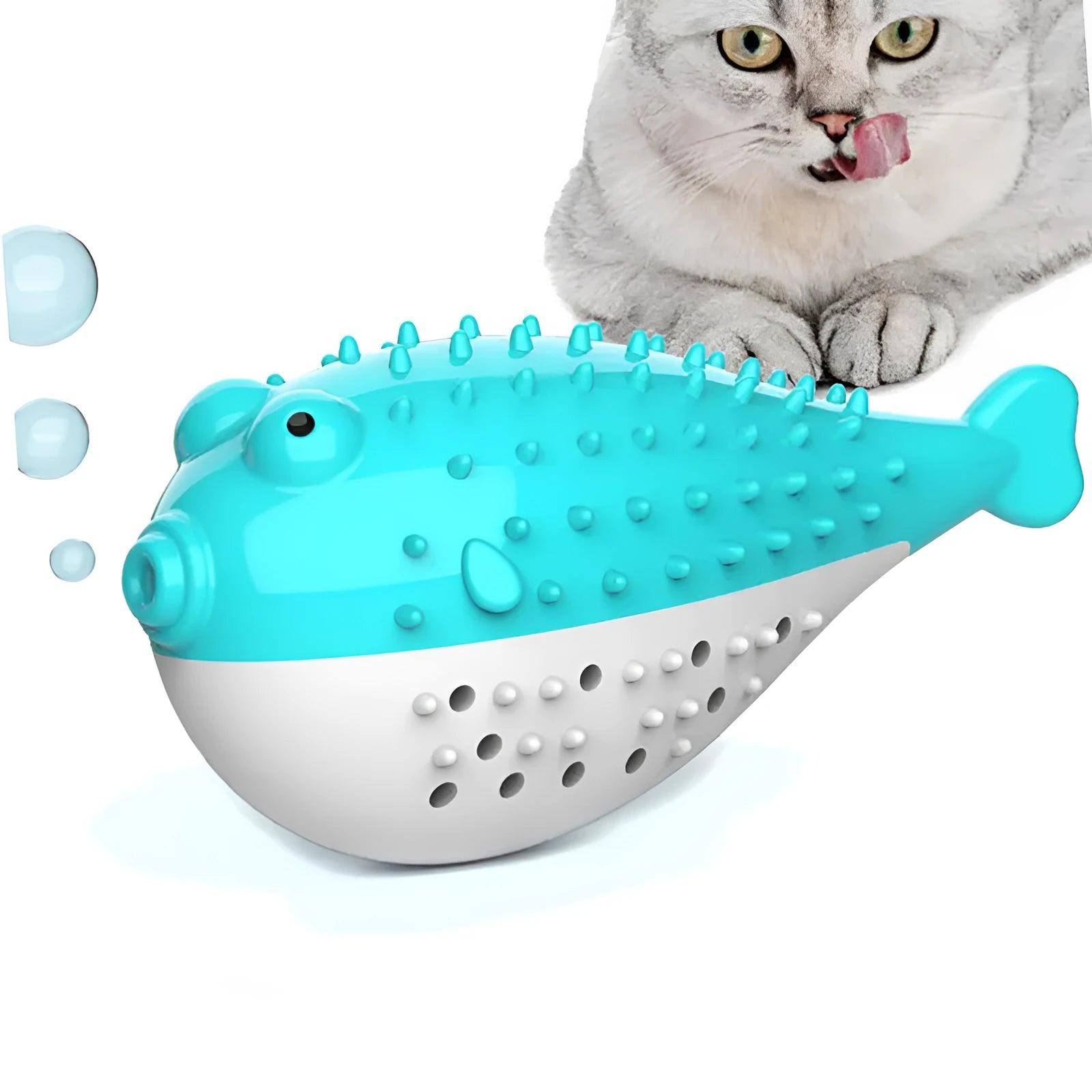 Silicone fish-shaped cat chew toy in blue, green, pink, or yellow colour options