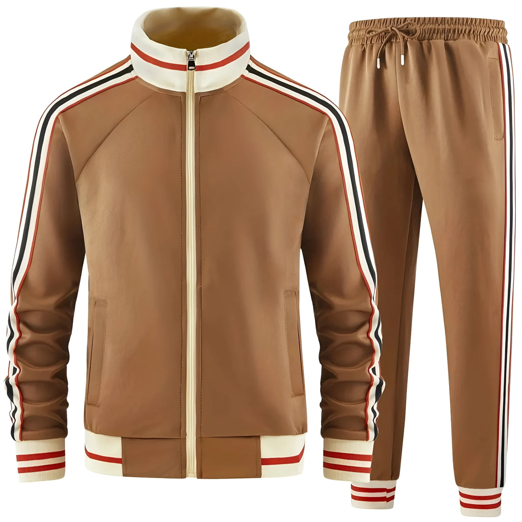 Khaki coloured polyester turtleneck zipper cardigan top and matching trousers leisure suit