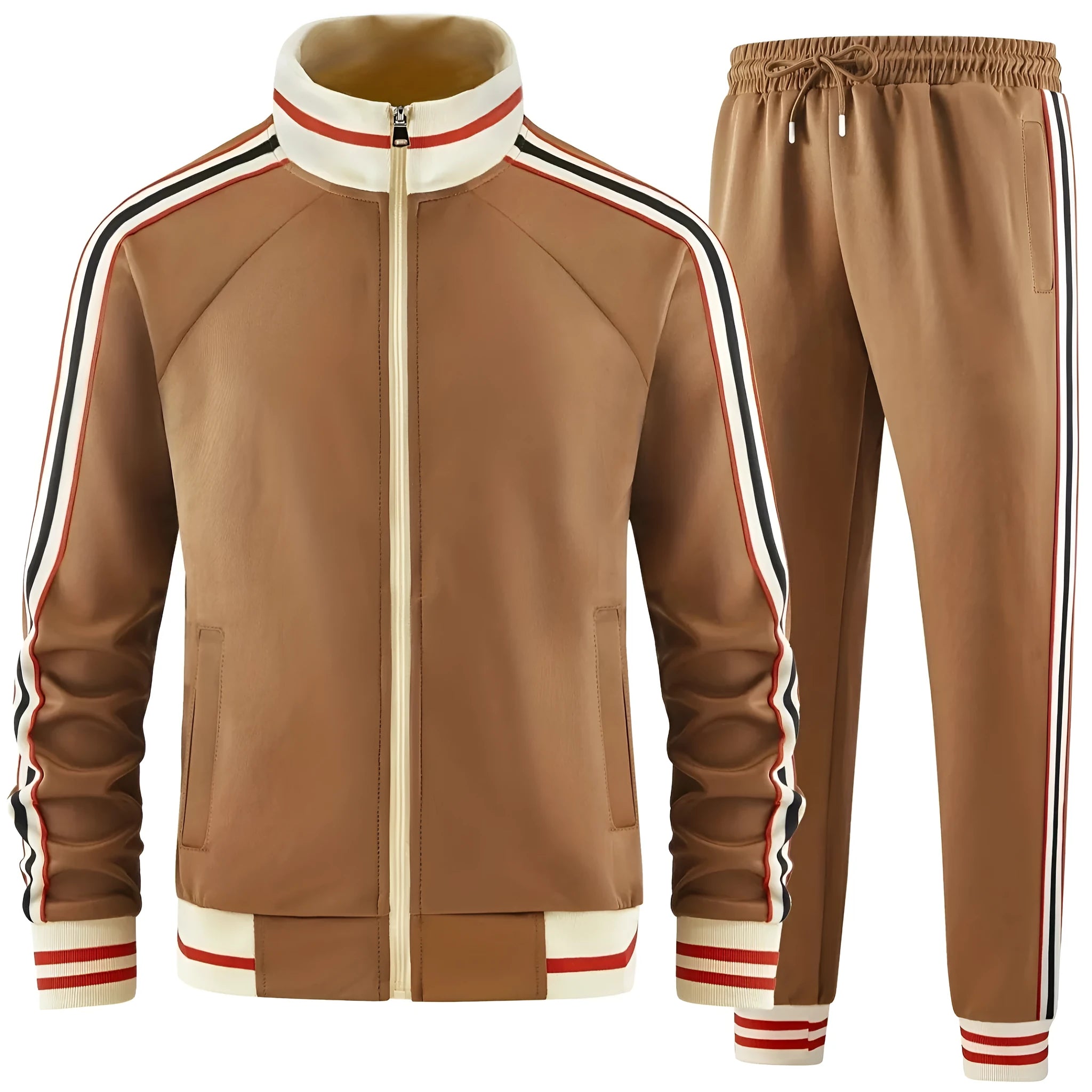 Khaki coloured polyester turtleneck zipper cardigan top and matching trousers leisure suit