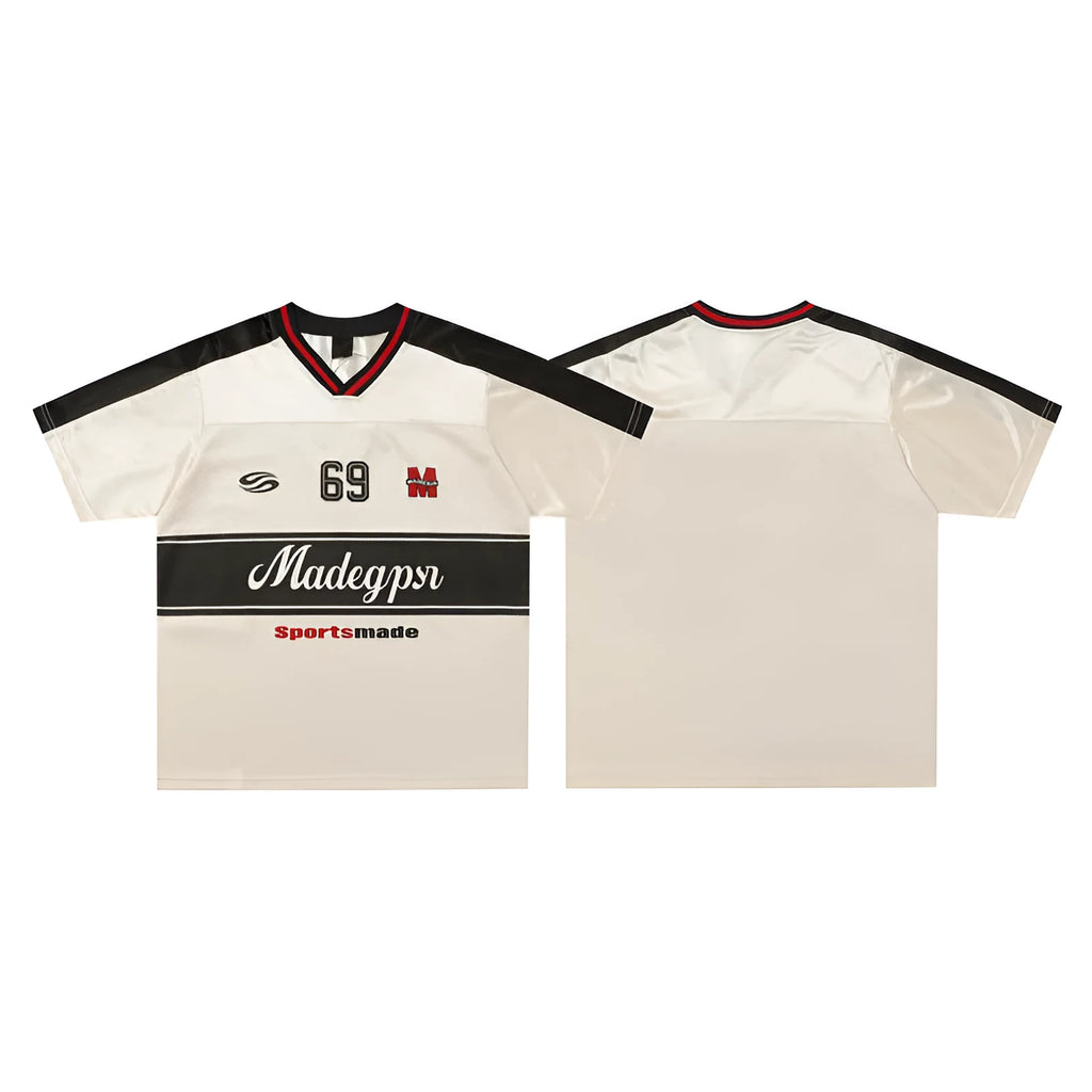 Apricot coloured V-neck sports jersey with letter pattern and drop-shoulder sleeves