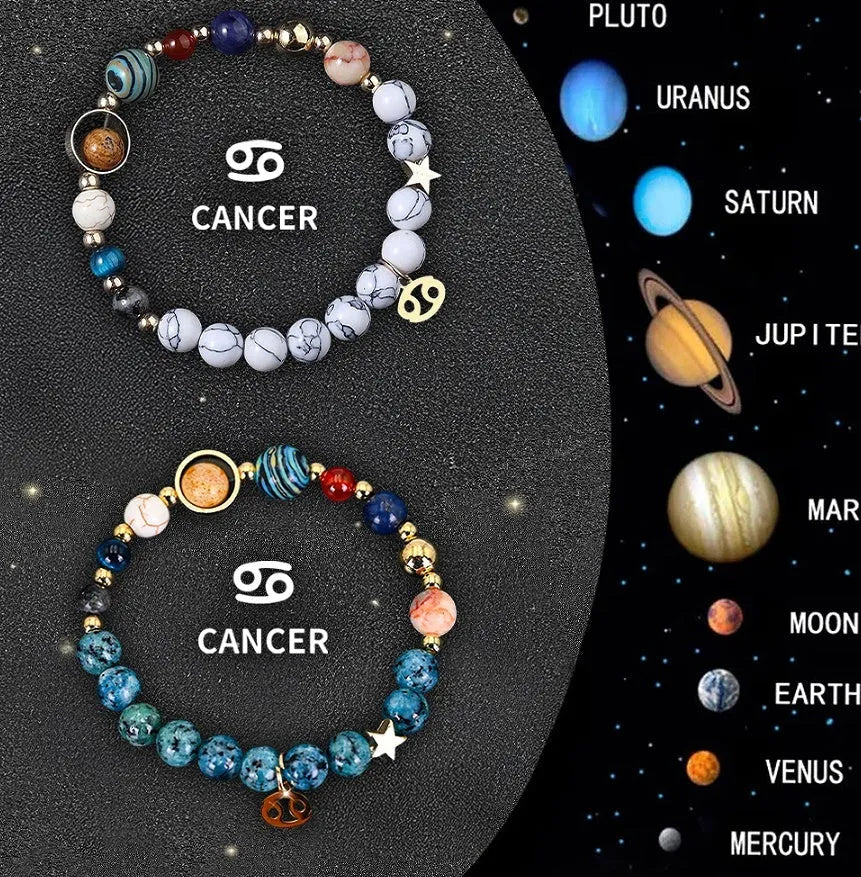 Set of twelve natural stone beaded bracelets featuring zodiac sign designs