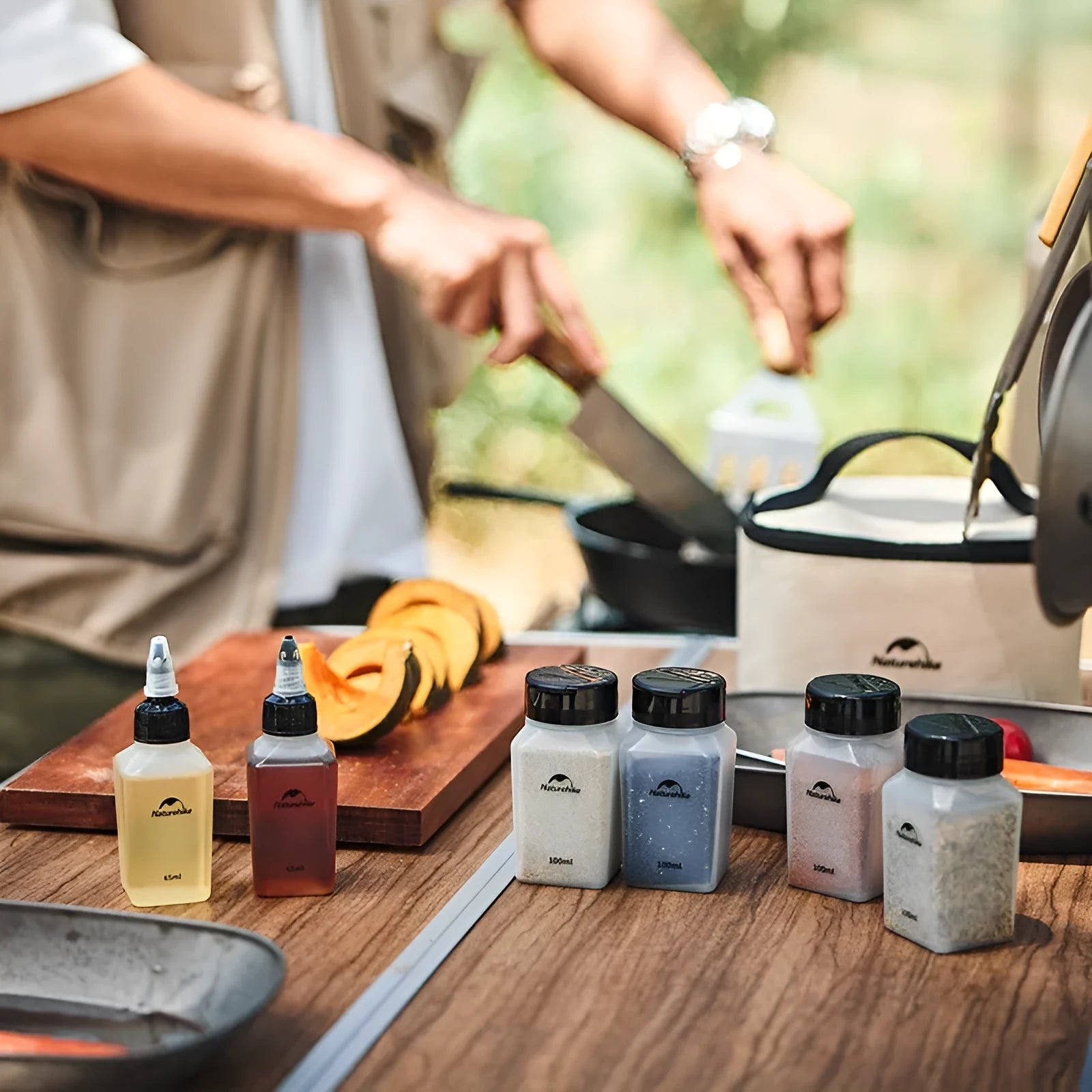 Naturehike outdoor seasoning bottle set showing six white PP containers with modern simple design