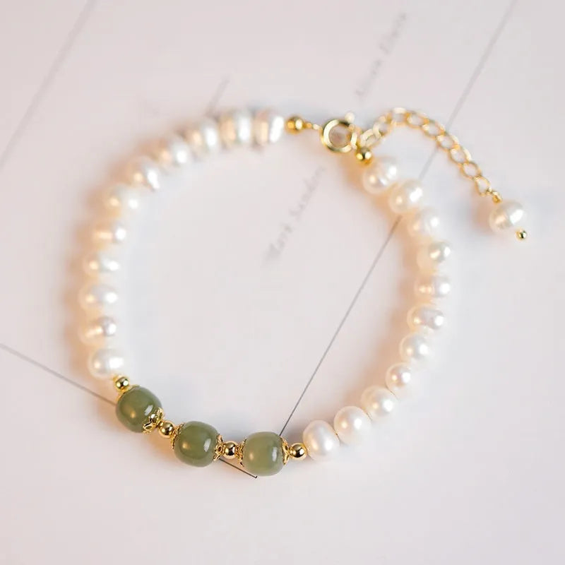 Korean style natural freshwater diamond pearl bracelet with electroplated finish in Hetian jade colours.