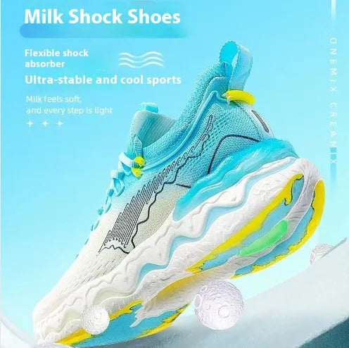 Women's cushioned running shoes with thick rubber soles in a no-lace design on a neutral background.