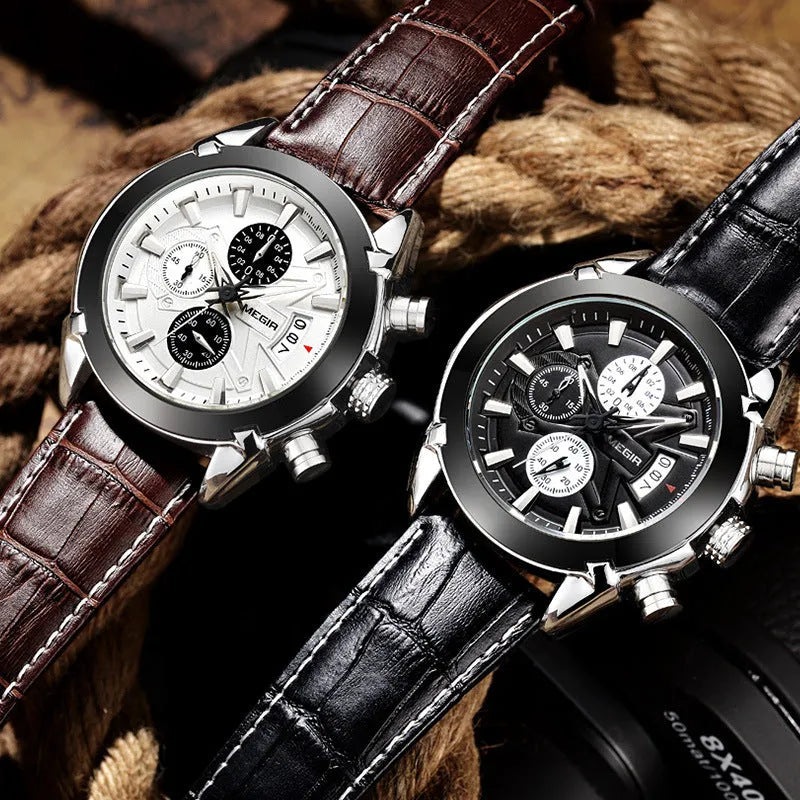Men's quartz wristwatch with three subdials, six hands, waterproof casing and luminous markers