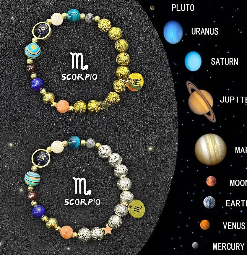 Set of twelve natural stone beaded bracelets, each representing a different zodiac sign.
