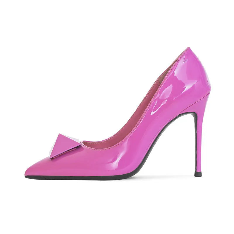Pink patent leather women's pointed toe stiletto high heels with buckle and rivet detail