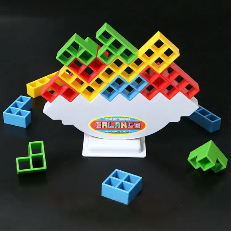 Colourful plastic balance stacking game with 16 blocks, chassis and base for family play