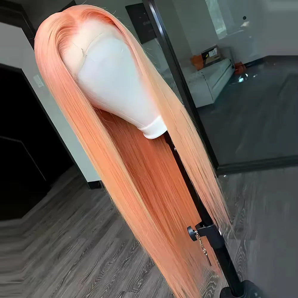 Light orange long straight front lace wig with side bangs on a mannequin head