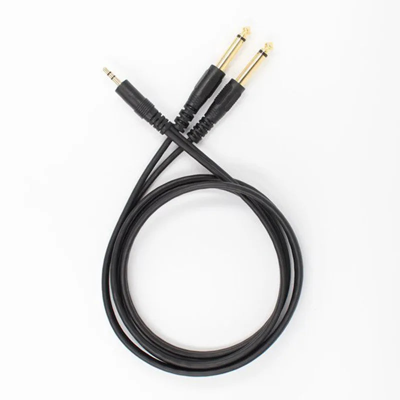 3.5mm to 6.35mm male-to-male audio cable with gold-plated connectors on a black coiled cable.