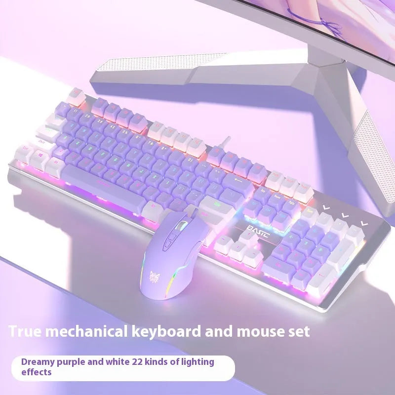 White and purple wired mechanical keyboard and mouse set with backlight