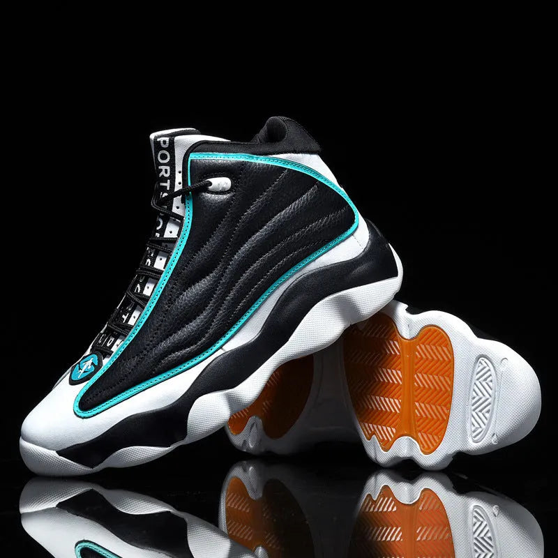 Men's high-top basketball sneakers in AJ13 colour options with mesh upper and rubber sole.