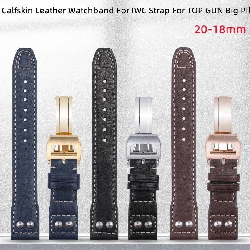 Portuguese Fire Jet genuine leather watch band strap in black with silver buckle, 20mm width