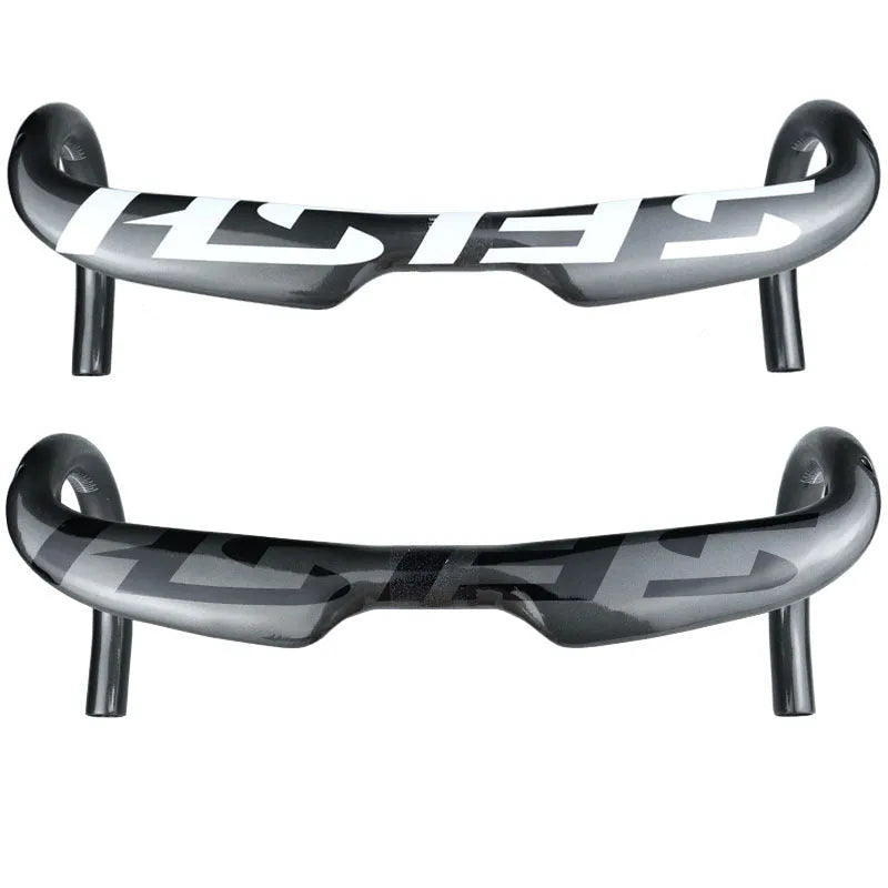Carbon fibre road bicycle handlebar showing 31.8mm clamp area and curved drops