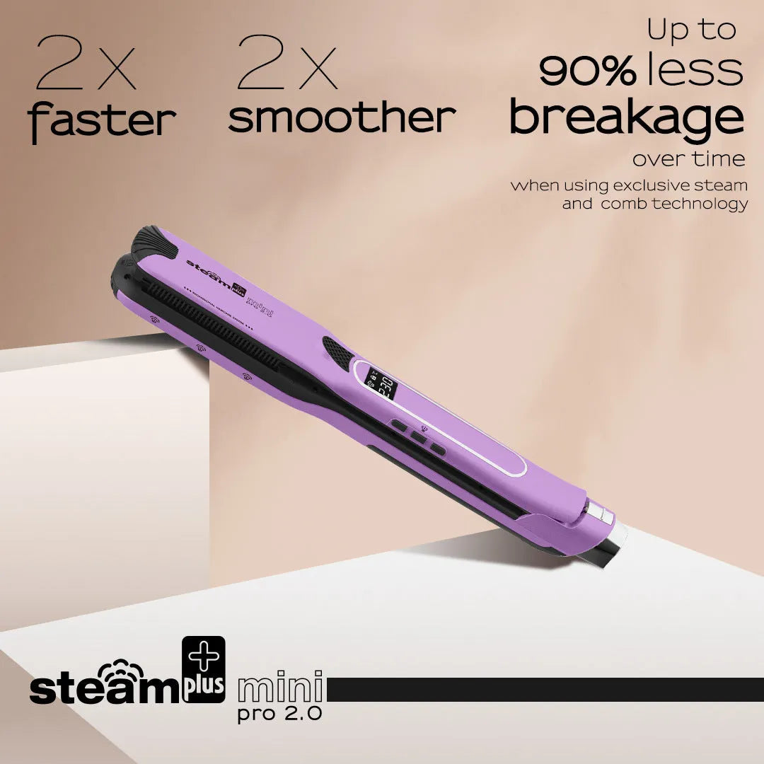 Mini steam spray hair straightener and curling iron in purple, rose red, or champagne colour with wired power cord.