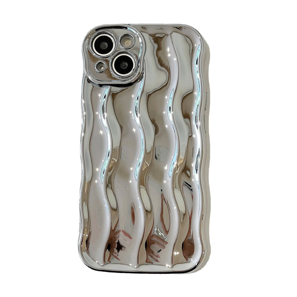 Electroplated three-dimensional wave stripe protective case for iPhone 17 on a table.
