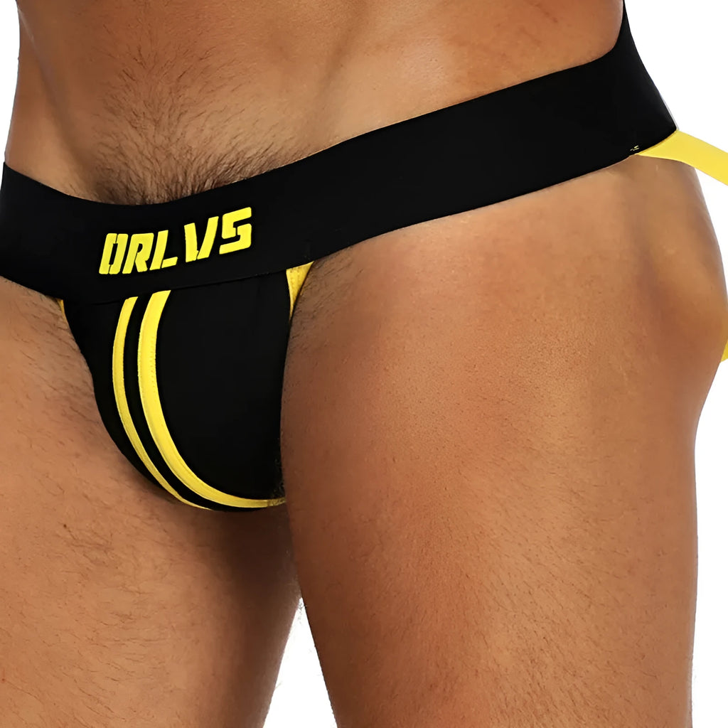 Men's cotton low waist thong in solid colour with double belt back design, front view