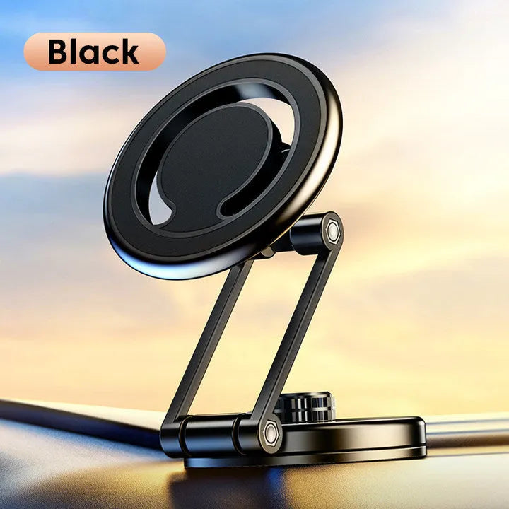 Telescopic folding car phone holder with magnetic suction for instrument panel mounting in black or silver