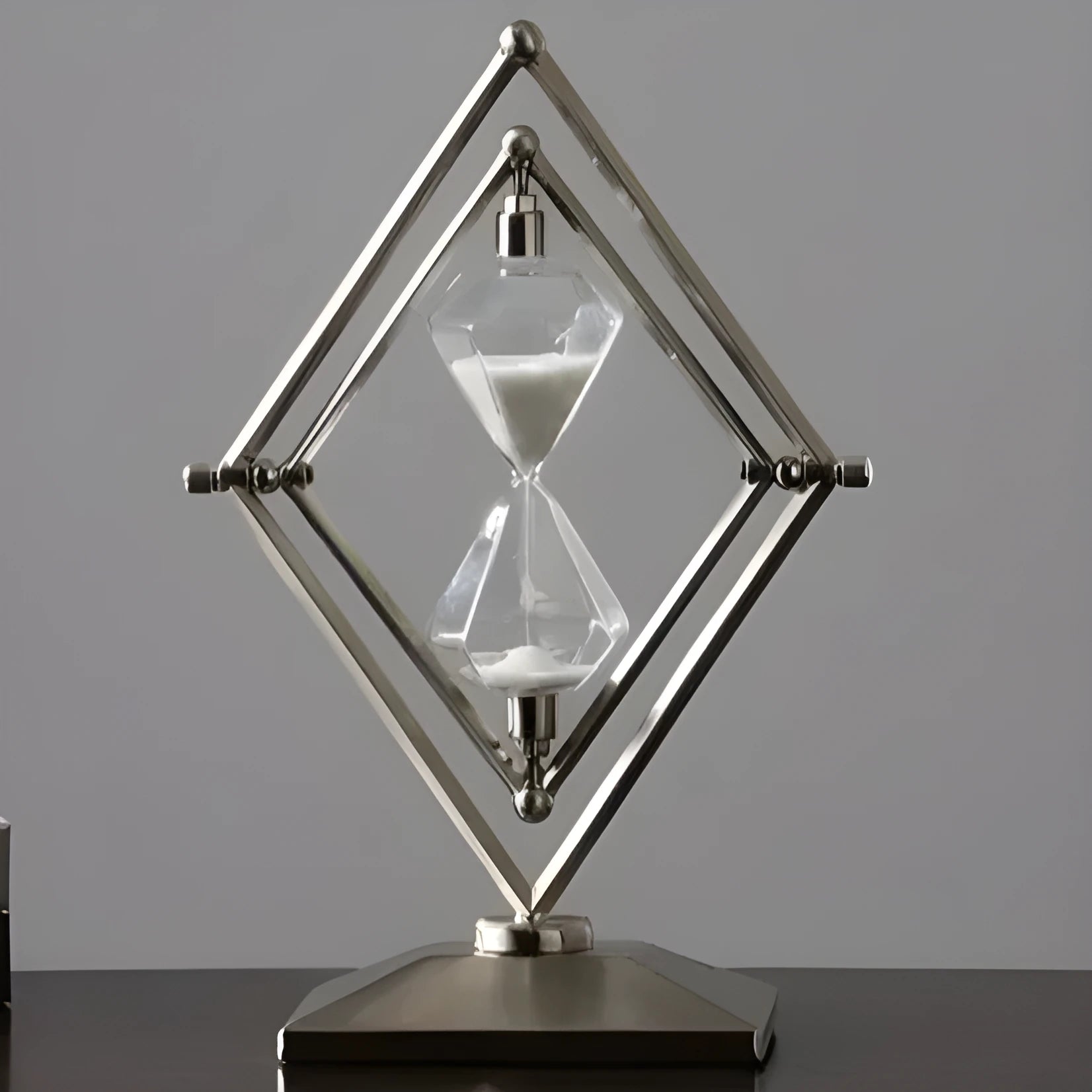 Modern zinc alloy hourglass timer on desk showing bronze frame with white sand.