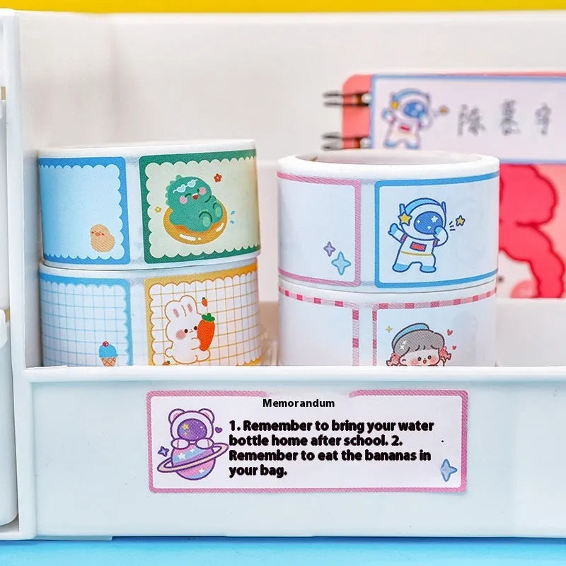 Cartoon tape name labels roll with dinosaur astronaut rabbit girl designs for student organisation