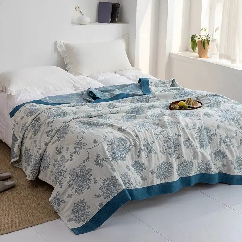 Thickened five-layer gauze bed sheet blanket in Roulette Wheel Blue pattern, pure cotton construction