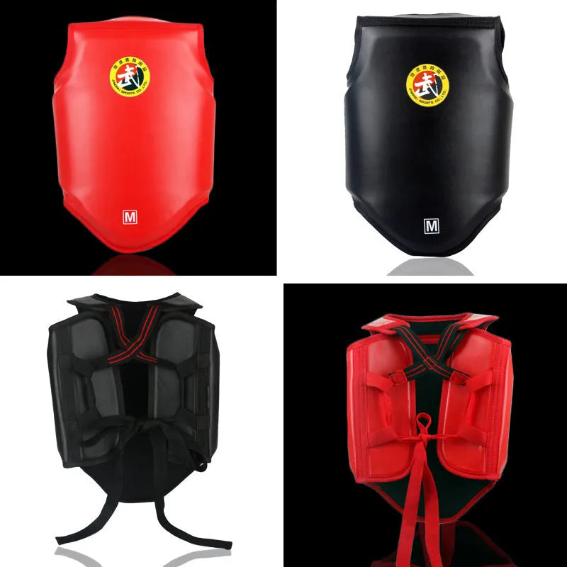 Red boxing helmet and matching one-piece chest protector set for training