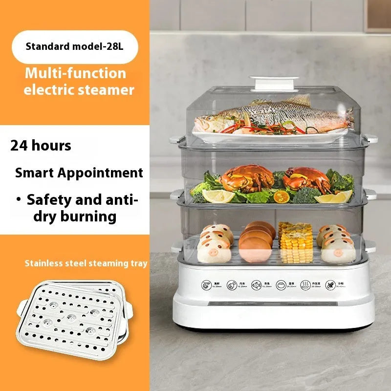 Stainless steel electric steamer kitchen appliance with 10 litre capacity and automatic measuring function