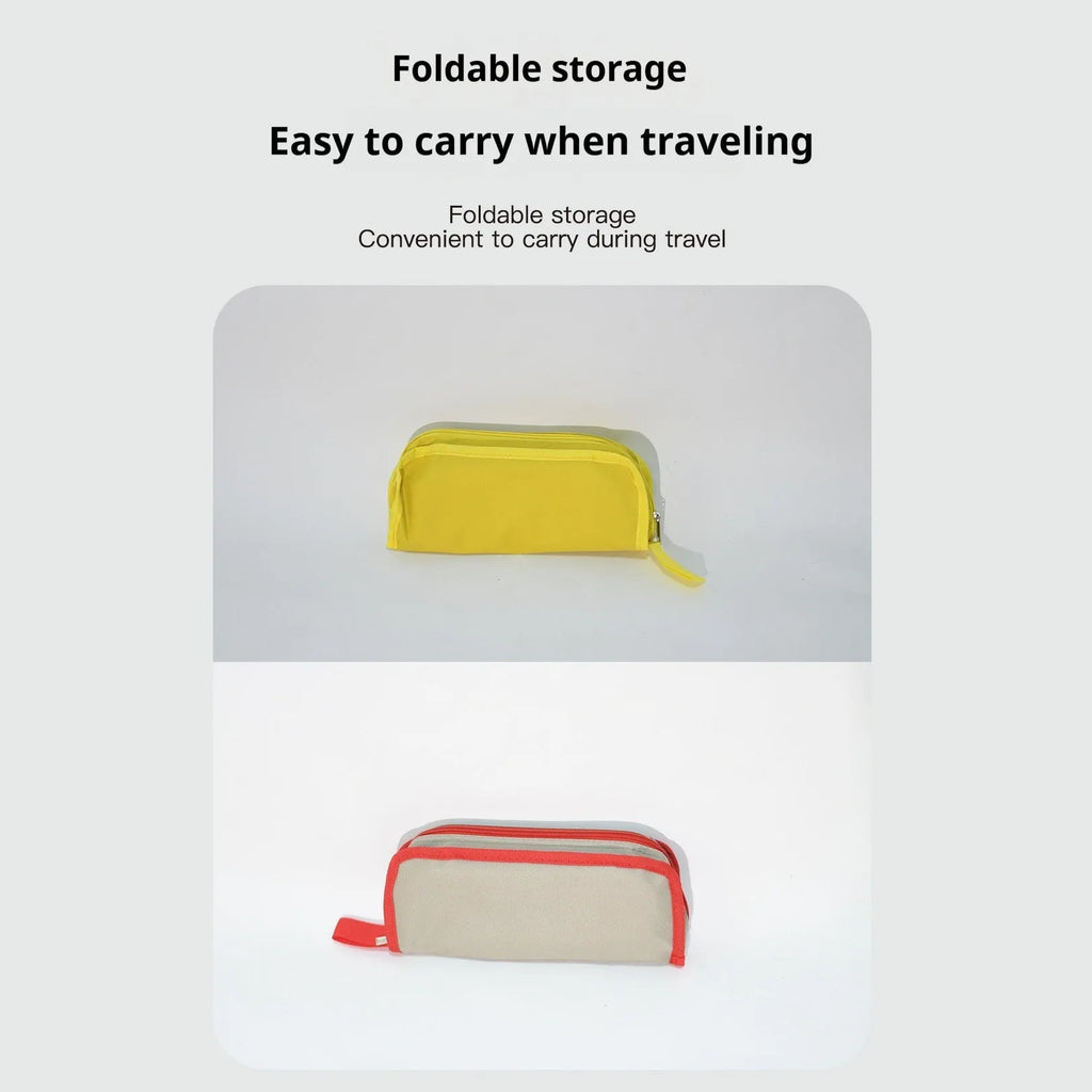 Outdoor folding camp stool in khaki colour with crossbody carry bag, shown in folded and unfolded states.