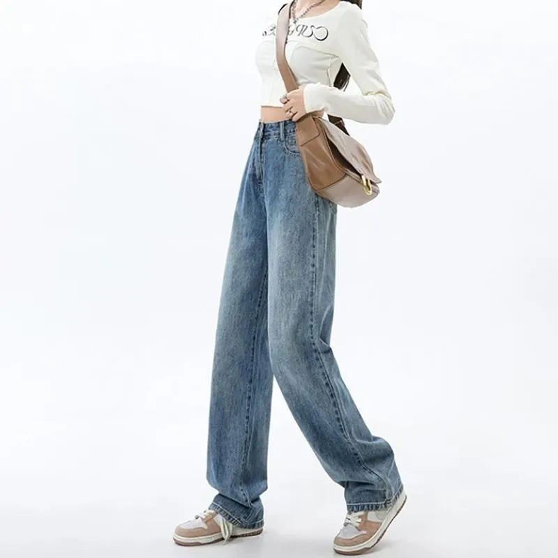 Women's retro blue wide leg jeans with high waist design and straight cut on model
