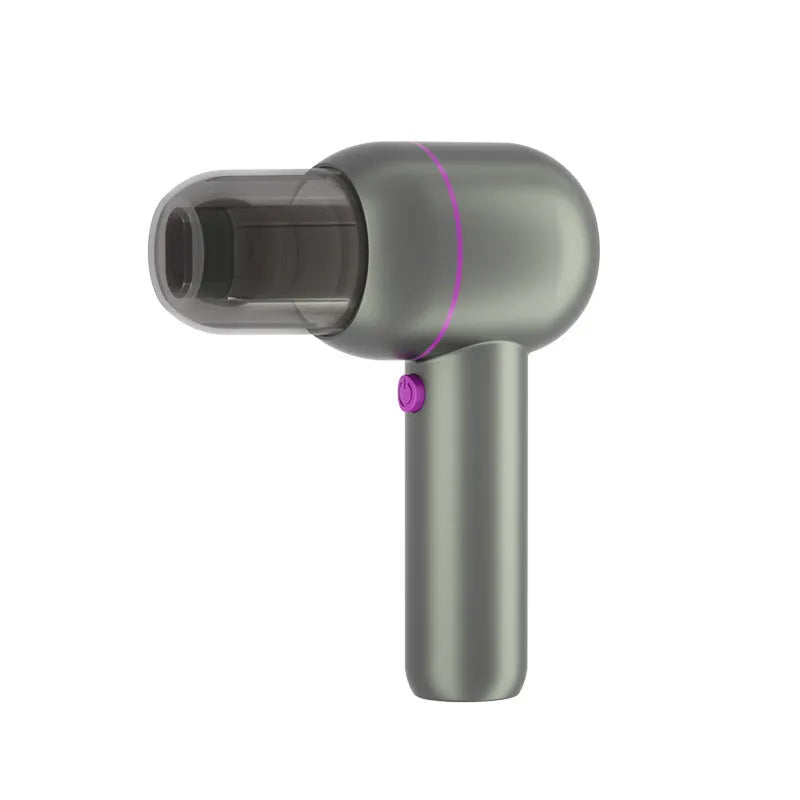 Grey handheld portable car vacuum cleaner with brush nozzle and extended nozzle for dust removal and inflation.