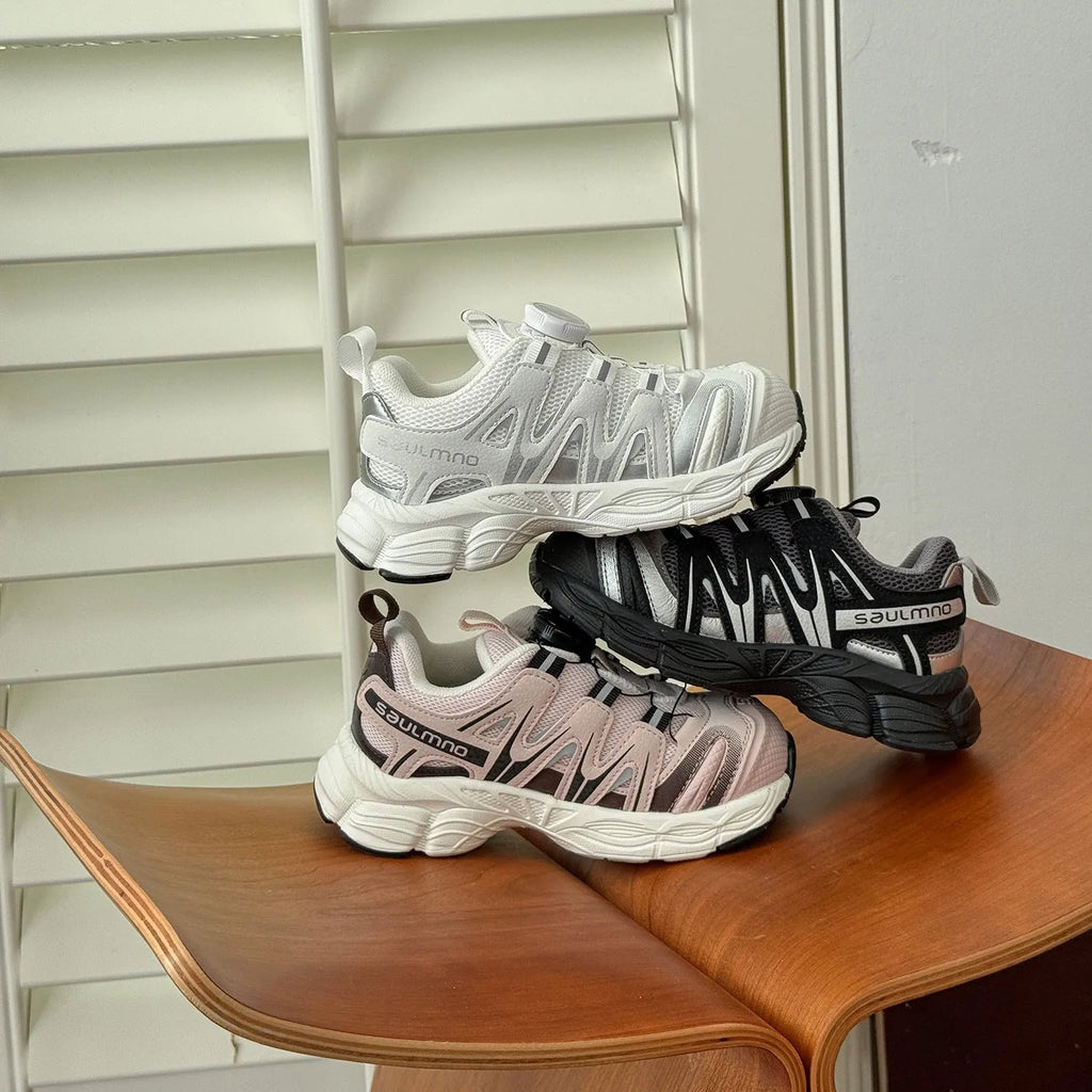 Solid colour casual shoes with breathable PU leather mesh upper, shown in beige, black, and pink.