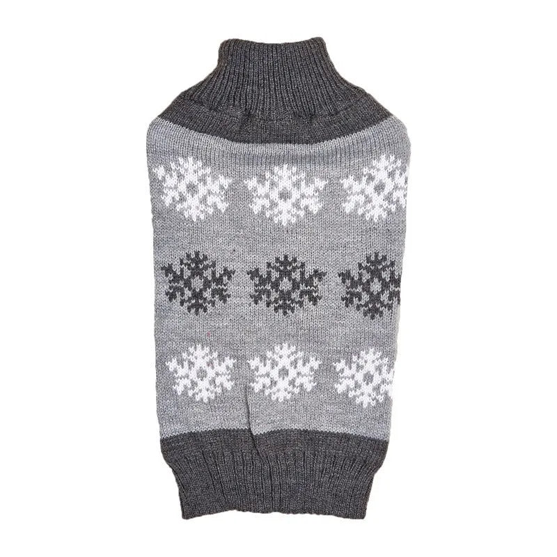 Grey acrylic dog Christmas sweater with snowflake pattern on a small breed pet