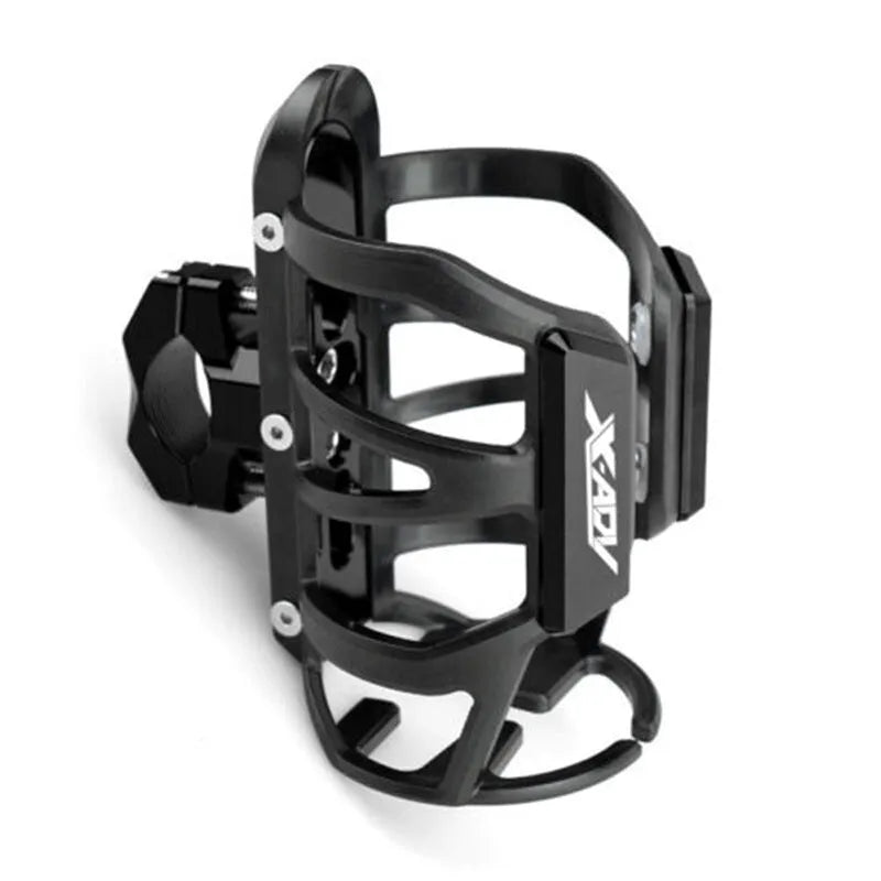 Modified black water bottle cage mounted on a Honda X-ADV scooter bumper
