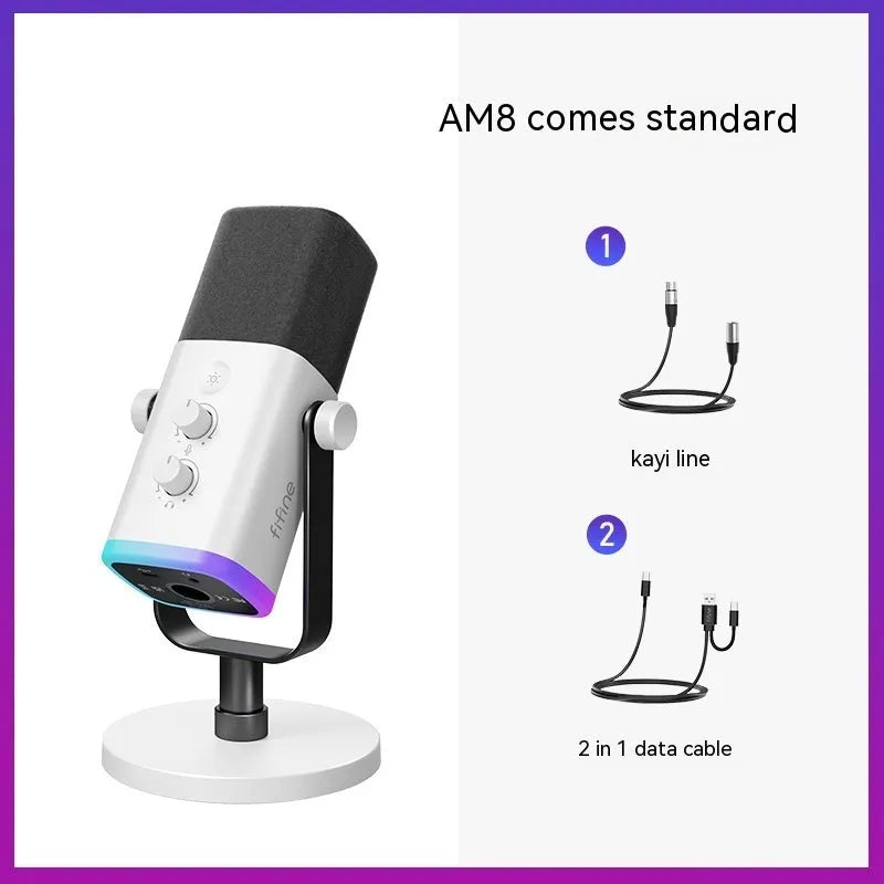 Dynamic noise reduction microphone in black, pink, or white colour with XLR cable and detachable bracket