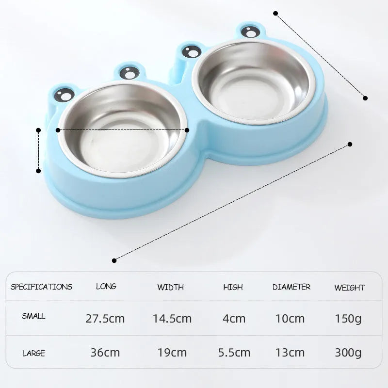 Stainless steel pet double bowl with elevated frog-style base in blue colour for cat and dog feeding